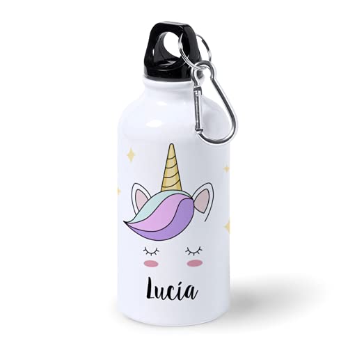 Kadoo Regalos Botella de Aluminio Personalizada Infantil Cara Unicornio con Nombre (400ml)