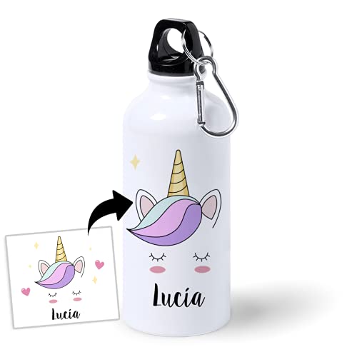 Kadoo Regalos Botella de Aluminio Personalizada Infantil Cara Unicornio con Nombre (400ml)