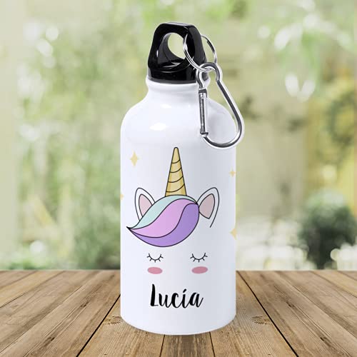 Kadoo Regalos Botella de Aluminio Personalizada Infantil Cara Unicornio con Nombre (400ml)