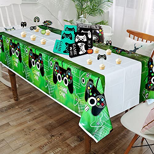 KEFAN Fondo de Fiesta de cumpleaños de Videojuegos y Paquete de Cubierta de Mesa, Juego de Feliz cumpleaños en el Fondo, Cubierta de Mesa de plástico con Tema de Juegos (Verde)