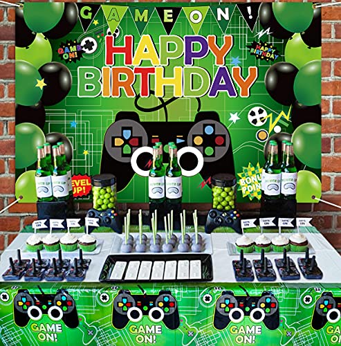 KEFAN Fondo de Fiesta de cumpleaños de Videojuegos y Paquete de Cubierta de Mesa, Juego de Feliz cumpleaños en el Fondo, Cubierta de Mesa de plástico con Tema de Juegos (Verde)