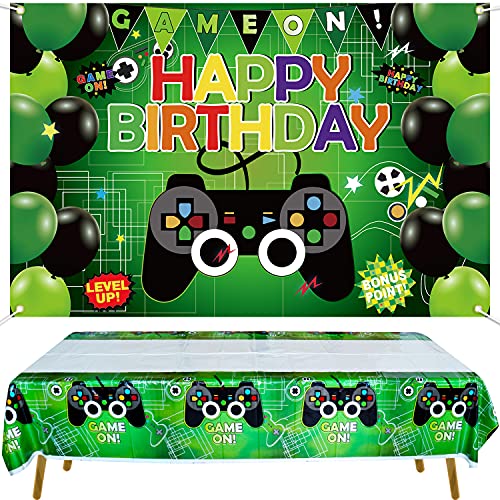 KEFAN Fondo de Fiesta de cumpleaños de Videojuegos y Paquete de Cubierta de Mesa, Juego de Feliz cumpleaños en el Fondo, Cubierta de Mesa de plástico con Tema de Juegos (Verde)