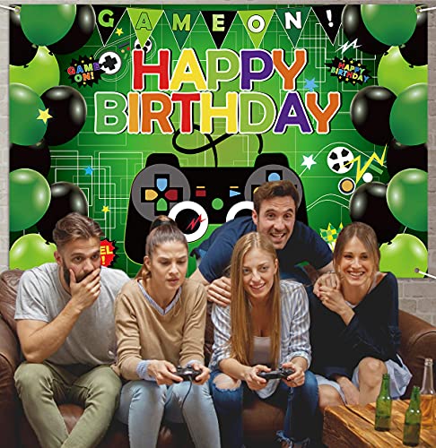 KEFAN Fondo de Fiesta de cumpleaños de Videojuegos y Paquete de Cubierta de Mesa, Juego de Feliz cumpleaños en el Fondo, Cubierta de Mesa de plástico con Tema de Juegos (Verde)