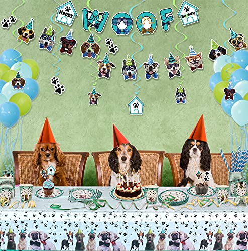 KEFAN Suministros para fiestas de perros, paquete de fiesta para fiestas de cumpleaños, incluye platos, servilletas, mantel, pajas, banner sirve 20 (juego B)