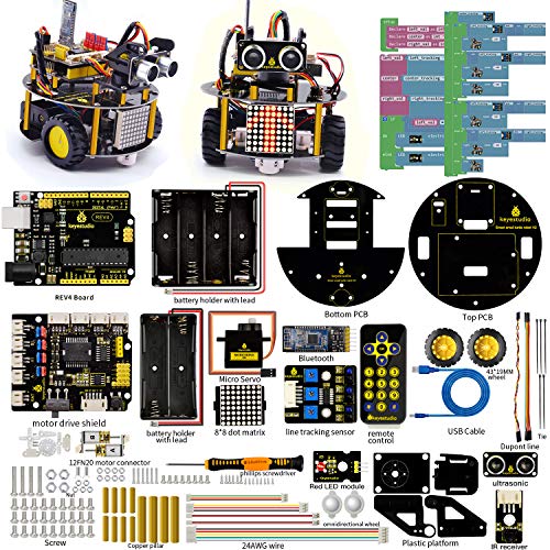 KEYESTUDIO Coche Robótico Inteligente, Módulos de Seguimiento de Linea, Sensor por Ultrasonidos y IR Control Remoto, Kit Robótico para entusiastas de la programación Arduino IDE