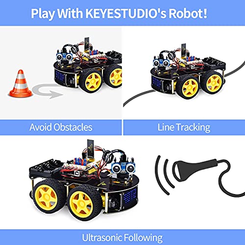 KEYESTUDIO Kit de Coche Robot Inteligente Compatible con Arduino IDE con Módulo de Seguimiento de Línea, Sensor Ultrasónico, Módulo IR, Kit Robótico Educativo STEM2 para entusiastas de la programación