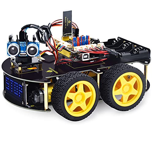 KEYESTUDIO Kit de Coche Robot Inteligente Compatible con Arduino IDE con Módulo de Seguimiento de Línea, Sensor Ultrasónico, Módulo IR, Kit Robótico Educativo STEM2 para entusiastas de la programación