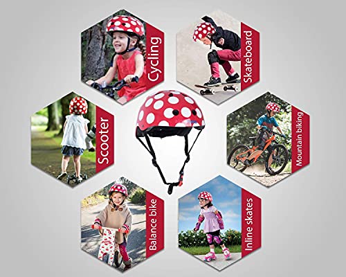 KIDDIMOTO Casco Bicicleta Completamente Ajustabl - Bici Casco para Infantil y Niños para Patinete, Ciclismo, Scooter, Bicicleta de Equilibrio y Monopatin - Puntos Rojos - S (48-53cm)