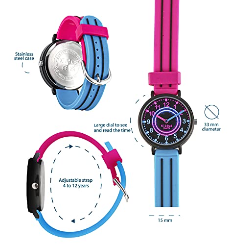 KIDDUS Reloj Educativo para niño, Chica, Chico. De Pulsera, analógico. Time Teacher fácil de Leer para Aprender la Hora. Ejercicios incluídos. Turquesa y Rosa