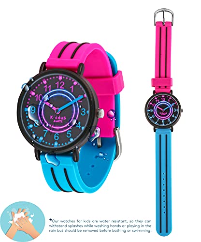 KIDDUS Reloj Educativo para niño, Chica, Chico. De Pulsera, analógico. Time Teacher fácil de Leer para Aprender la Hora. Ejercicios incluídos. Turquesa y Rosa