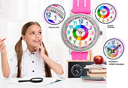 KIDDUS Reloj Educativo para niño, Chica, Chico. De Pulsera, analógico. Time Teacher fácil de Leer para Aprender la Hora. Ejercicios incluídos. Turquesa y Rosa