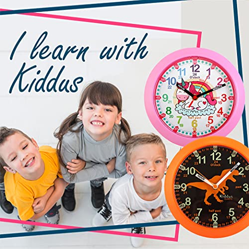 Kiddus Reloj Pedagógico para Niñas y Niños. De Pared, Analógico. Aprende la Hora con Nuestro Fácil Sistema Time Teacher. Ejercicios Incluídos. Mecanismo Silencioso. Pared T-Rex Fluorescente