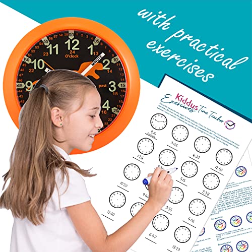 Kiddus Reloj Pedagógico para Niñas y Niños. De Pared, Analógico. Aprende la Hora con Nuestro Fácil Sistema Time Teacher. Ejercicios Incluídos. Mecanismo Silencioso. Pared T-Rex Fluorescente