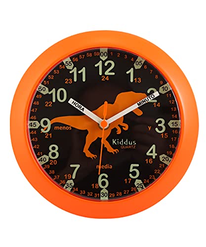 Kiddus Reloj Pedagógico para Niñas y Niños. De Pared, Analógico. Aprende la Hora con Nuestro Fácil Sistema Time Teacher. Ejercicios Incluídos. Mecanismo Silencioso. Pared T-Rex Fluorescente