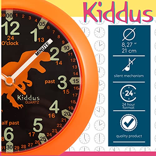 Kiddus Reloj Pedagógico para Niñas y Niños. De Pared, Analógico. Aprende la Hora con Nuestro Fácil Sistema Time Teacher. Ejercicios Incluídos. Mecanismo Silencioso. Pared T-Rex Fluorescente