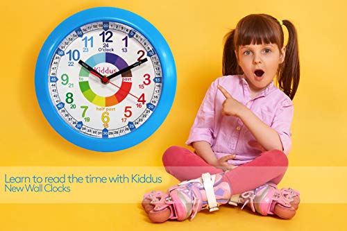 Kiddus Reloj Pedagógico para Niñas y Niños. De Pared, Analógico. Aprende la Hora con Nuestro Fácil Sistema Time Teacher. Ejercicios Incluídos. Mecanismo Silencioso. Manillas en Inglés. Azul