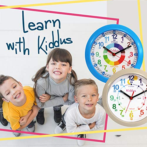 Kiddus Reloj Pedagógico para Niñas y Niños. De Pared, Analógico. Aprende la Hora con Nuestro Fácil Sistema Time Teacher. Ejercicios Incluídos. Mecanismo Silencioso. Manillas en Inglés. Azul