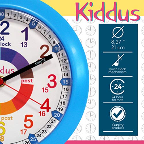 Kiddus Reloj Pedagógico para Niñas y Niños. De Pared, Analógico. Aprende la Hora con Nuestro Fácil Sistema Time Teacher. Ejercicios Incluídos. Mecanismo Silencioso. Manillas en Inglés. Azul