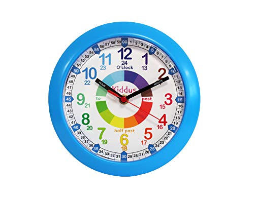 Kiddus Reloj Pedagógico para Niñas y Niños. De Pared, Analógico. Aprende la Hora con Nuestro Fácil Sistema Time Teacher. Ejercicios Incluídos. Mecanismo Silencioso. Manillas en Inglés. Azul