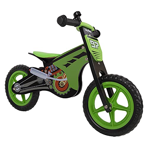 KiddyMoon Bicicleta De Equilibrio Madera Sin Pedales para Niños BK-001 Motocicleta, Negro-Verde