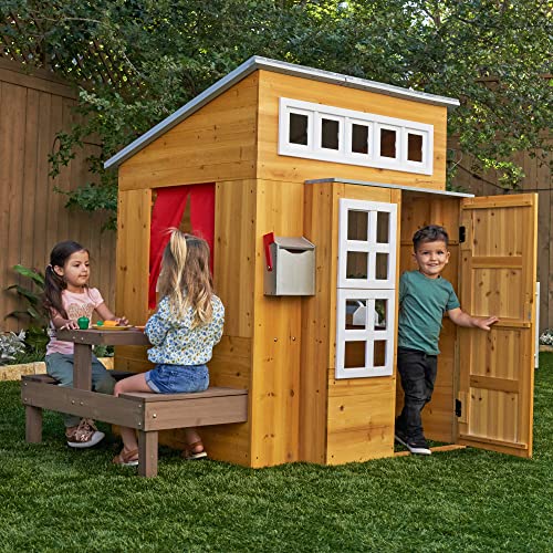 KidKraft- Casa de jardín moderna de madera para niños, incluye cocina de juego y accesorios, Color Natural (182)