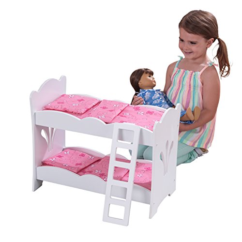 KidKraft Lil' Doll Armoire Armario de Madera Blanca con Perchas, Accesorio para Muebles de Dormitorio para muñecas de 45 cm (60132) + Lil' Doll Bunk Bed Litera de Madera con Ropa de Cama Rosa