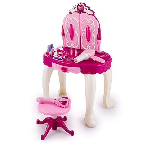 Kinderplay Tocador Niña Rosa con Varita Mágica - Tocador de Maquillaje Niña, Tocador Infantil con Conexión MP3, con Accesorios Espejo con Luz para Niños, KP8846