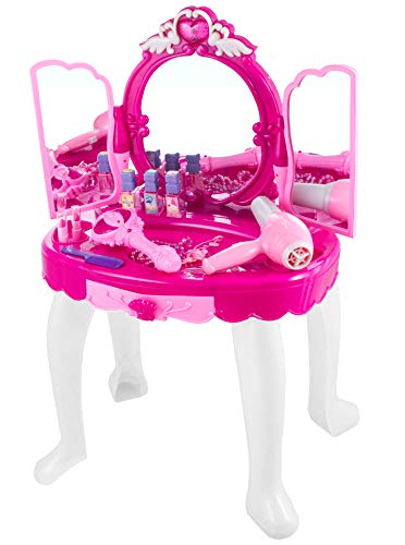 Kinderplay Tocador Niña Rosa con Varita Mágica - Tocador de Maquillaje Niña, Tocador Infantil con Conexión MP3, con Accesorios Espejo con Luz para Niños, KP8846