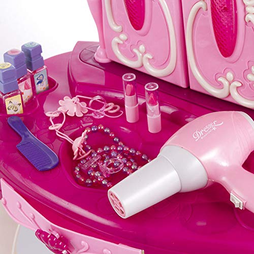 Kinderplay Tocador Niña Rosa con Varita Mágica - Tocador de Maquillaje Niña, Tocador Infantil con Conexión MP3, con Accesorios Espejo con Luz para Niños, KP8846