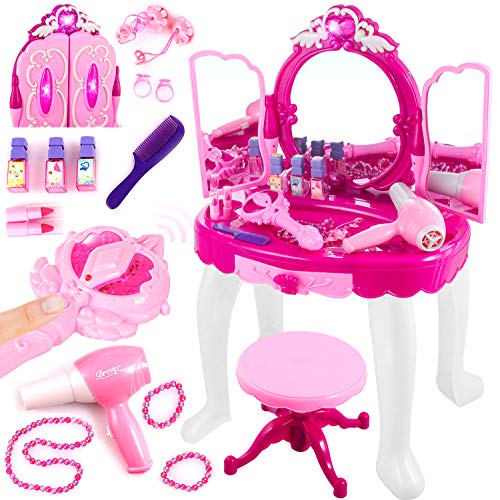 Kinderplay Tocador Niña Rosa con Varita Mágica - Tocador de Maquillaje Niña, Tocador Infantil con Conexión MP3, con Accesorios Espejo con Luz para Niños, KP8846