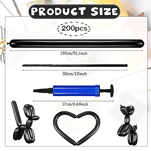 Kit de 200 Globos Largos Torcidos de Color Sólido 260Q con Mini Bomba de Inflado Globos de Torsión de Látex Globos de Modelado Mágicos Espesados para Modelos de Animales (Negro)