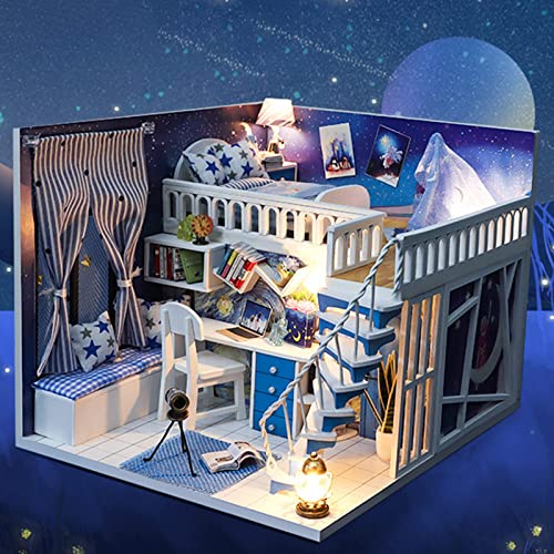 Kit de casa de muñecas con escena de bricolaje Casa temática de madera en miniatura autoensamblada con muebles Casa de campo hecha a mano con luz LED y estuche a prueba de polvo para Navidad