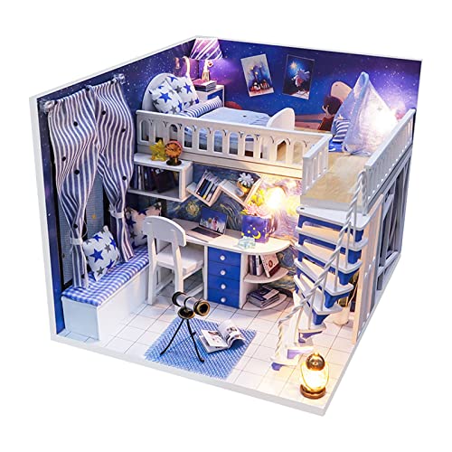 Kit de casa de muñecas con escena de bricolaje Casa temática de madera en miniatura autoensamblada con muebles Casa de campo hecha a mano con luz LED y estuche a prueba de polvo para Navidad