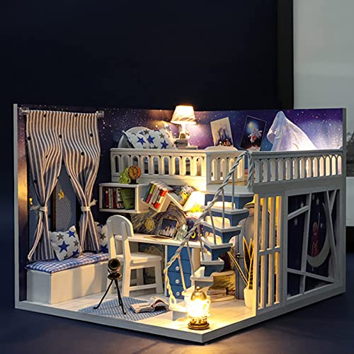 Kit de casa de muñecas con escena de bricolaje Casa temática de madera en miniatura autoensamblada con muebles Casa de campo hecha a mano con luz LED y estuche a prueba de polvo para Navidad