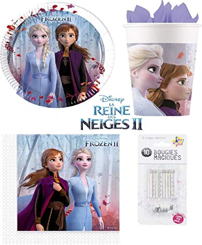 Kit Disney Frozen 2 II de 52 piezas 16 niños cumpleaños (16 platos, 16 vasos, 20 servilletas + 10 velas mágicas) fiesta Anna Elsa