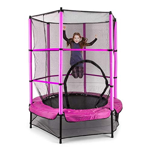 Klarfit Rocketkid - Cama elástica, Cama elástica niños a Partir de 3 años, Cama elástica Exterior con Carga máx. 50 kg, Red de Seguridad, Suspensión de Cuerda elástica, Borde Acolchado, Rosa