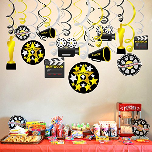 Konsait Colgante Decoraciones de Hollywood Fiesta película Remolino serpentinas Adornos de espirales decoración para Hollywood Oscars película Fiesta Cumpleaños, Negro y Oro Plata(18 Piezas)