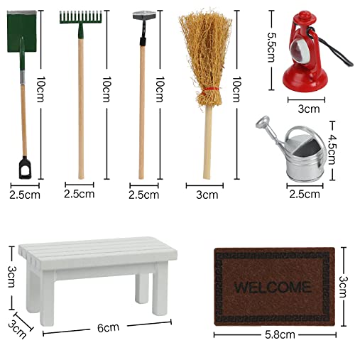 Koogel Juego de casa de muñecas en miniatura, 8 piezas, herramientas de jardín en miniatura, casa de muñecas, accesorios para jardín, regadera, pala, banco, ornamento, para Navidad, puerta de gnomo