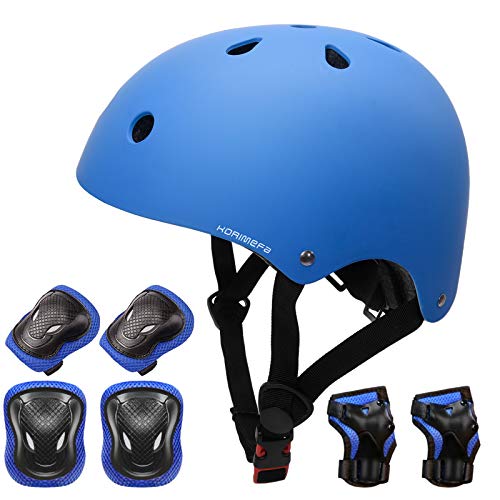 KORIMEFA Casco Infantil Equipo de Protección Patinete con Casco Adjustable certificación CE Rodilleras Coderas para Bicicleta Monopatín y Deportes Extremoscon de 3 a 13 años (m, Azul)