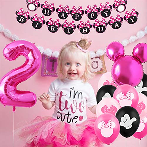 Kreatwow Minnie 2nd Birthday Decorations Supplies Hot Pink Minnie Oh Twodles Balloons Cake Toppers Wrappers Minnie Banner for Girl Second Birthday Party