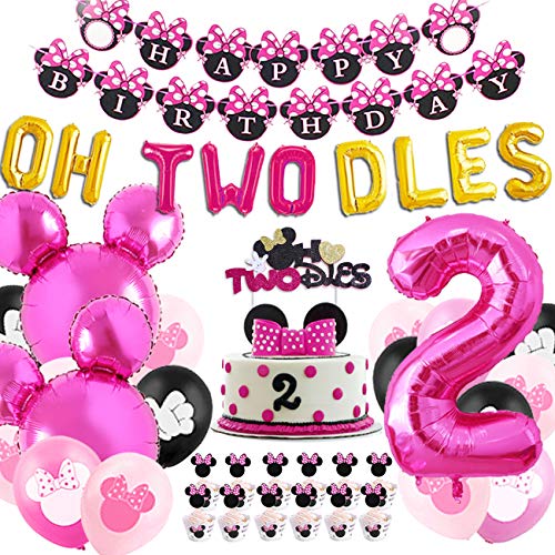 Kreatwow Minnie 2nd Birthday Decorations Supplies Hot Pink Minnie Oh Twodles Balloons Cake Toppers Wrappers Minnie Banner for Girl Second Birthday Party