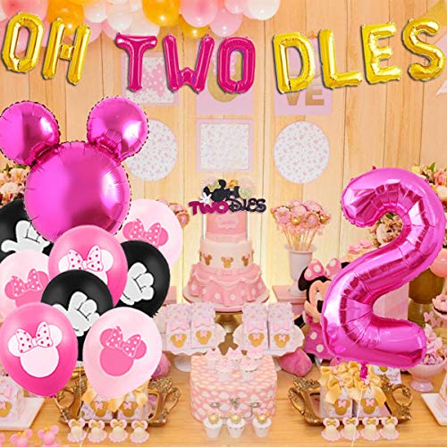 Kreatwow Minnie 2nd Birthday Decorations Supplies Hot Pink Minnie Oh Twodles Balloons Cake Toppers Wrappers Minnie Banner for Girl Second Birthday Party