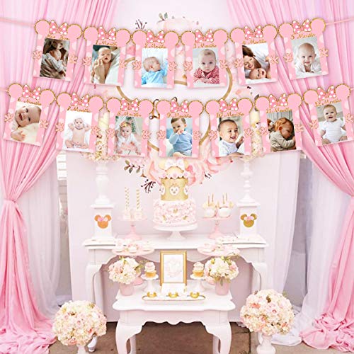 Kreatwow Minnie Photo Banner Banner de cumpleaños para recién nacidos de 12 meses de color rosa y dorado para suministros de decoraciones de 1er cumpleaños con temática de Minnie