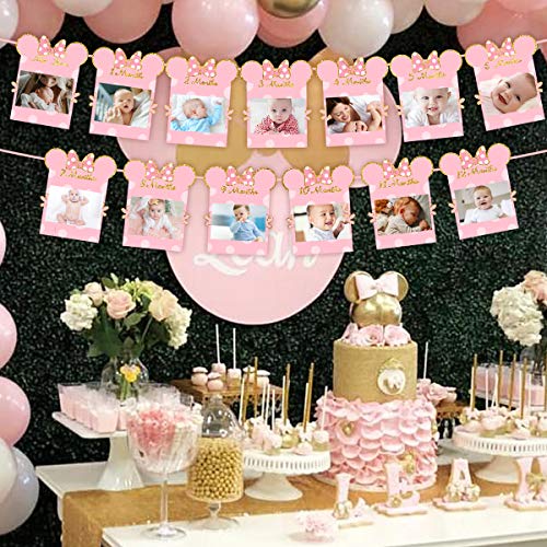 Kreatwow Minnie Photo Banner Banner de cumpleaños para recién nacidos de 12 meses de color rosa y dorado para suministros de decoraciones de 1er cumpleaños con temática de Minnie