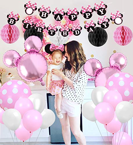 Kreatwow Rosa Minnie temática Fiesta Suministros Decoraciones Minnie Feliz cumpleaños Banner Diadema para 1er 2do 3er cumpleaños Baby Shower