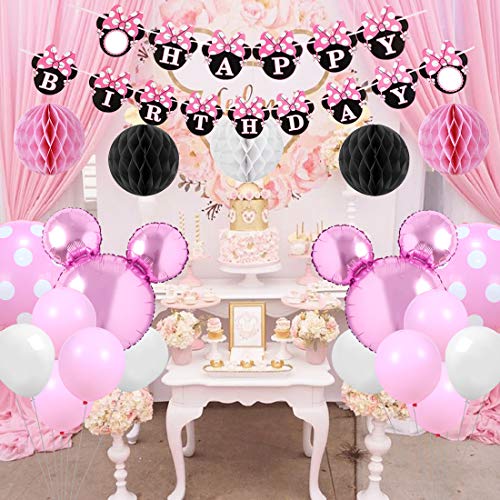 Kreatwow Rosa Minnie temática Fiesta Suministros Decoraciones Minnie Feliz cumpleaños Banner Diadema para 1er 2do 3er cumpleaños Baby Shower