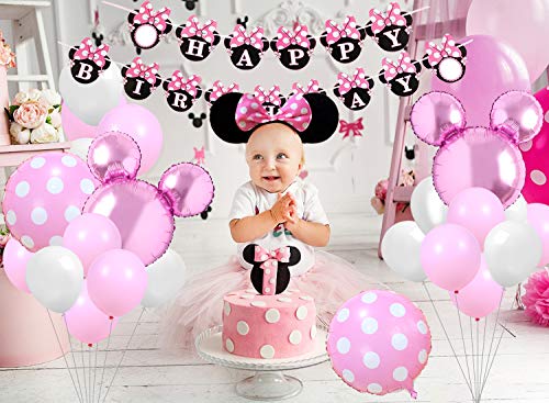 Kreatwow Rosa Minnie temática Fiesta Suministros Decoraciones Minnie Feliz cumpleaños Banner Diadema para 1er 2do 3er cumpleaños Baby Shower