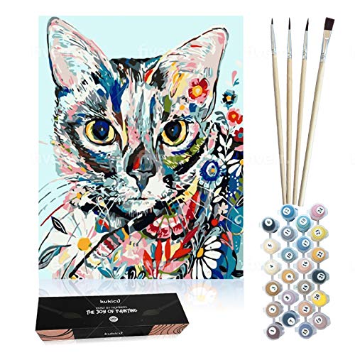 Kukicu Pintar por Numeros Adultos Niños - Cuadros para Pintar con Pinceles Lienzo al Oleo - DIY - Dibujos y Manualidades (40 * 50cm) - Gato (gato)