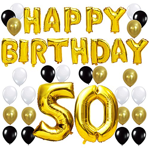 KUNGYO Letras Tipo Balón Doradas Happy Birthday+Número 50 Mylar Foil Globo+24 Piezas Negro Oro Blanco Globo de Látex 50 Años de Antigüedad Fiesta de Cumpleaños Decoraciones