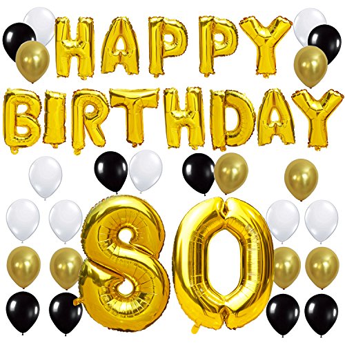 KUNGYO Letras Tipo Balón Doradas Happy Birthday+Número 80 Mylar Foil Globo+24 Piezas Negro Oro Blanco Globo de Látex 80 Años de Antigüedad Fiesta de Cumpleaños Decoraciones